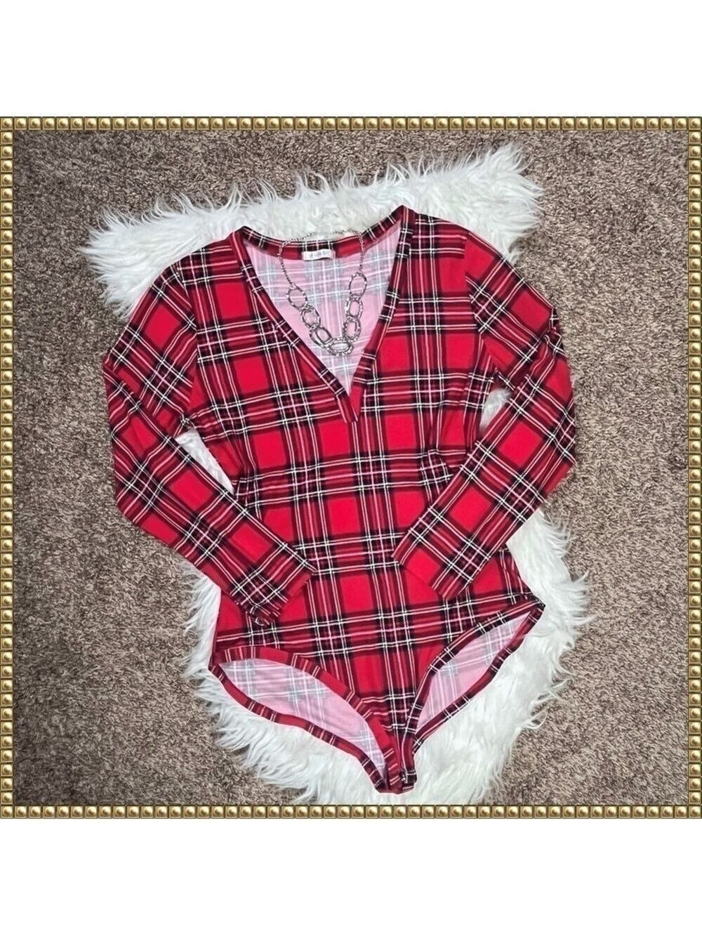 LA Gypsy Red Plaid V Neck Long Sleeve Bodysuit Plus Size 1X